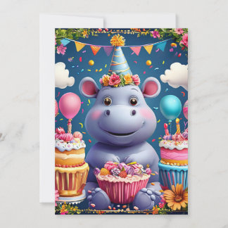 Hippo zum Geburtstag mit Kuchen und Ballons Einladung