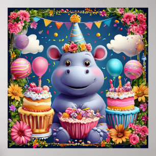 Hippo zum Geburtstag mit Kuchen und Ballons Poster