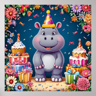 Hippo zum Geburtstag mit Kuchen und Ballons Poster