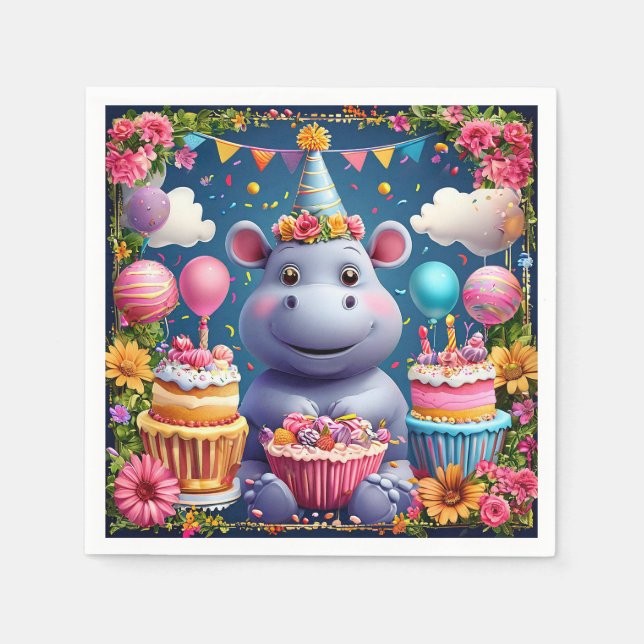 Hippo zum Geburtstag mit Kuchen und Ballons Serviette (Vorderseite)