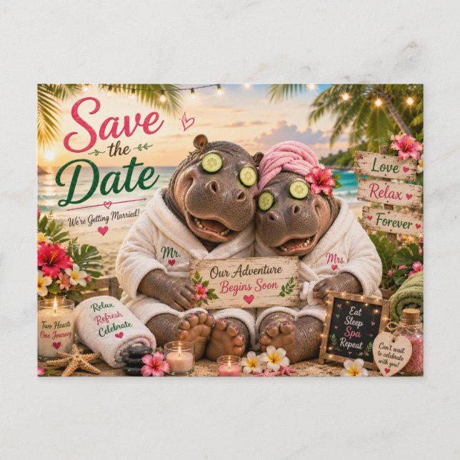 Hippopaar-Tropen-Spa-Save-the-Date Postkarte (Vorderseite)