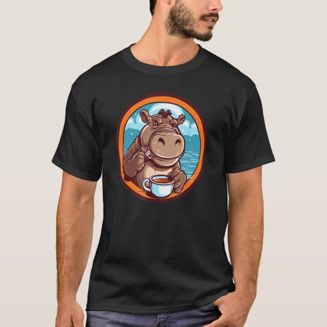 Hippopotamus Drinking Coffee Cute Hippo Wildlife 1 T-Shirt (Vorderseite)