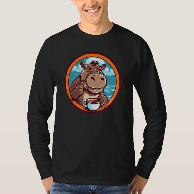 Hippopotamus Drinking Coffee Cute Hippo Wildlife 1 T-Shirt (Vorderseite)