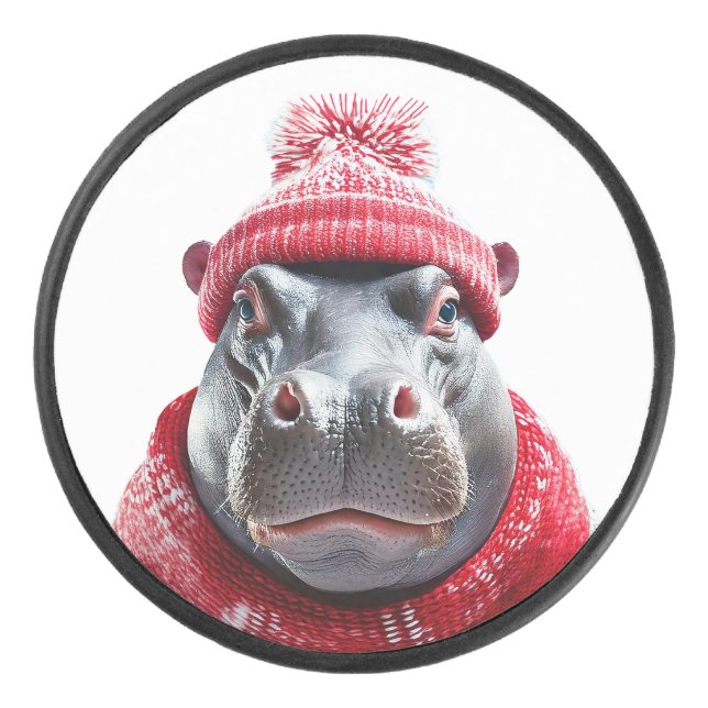 Hippopotamus Scarf and Beany  Eishockey Puck (Vorderseite)