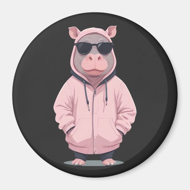 Hippopotamus Wearing Hoodie Funny Cool Animal Pop Magnet (Vorne)