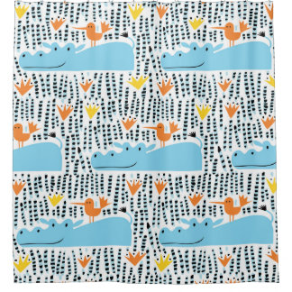 Hippos Birds Lake: Vintages Muster. Duschvorhang