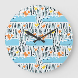 Hippos Birds Lake: Vintages Muster. Große Wanduhr