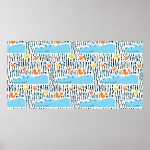 Hippos und Vögel im See nahtlos Muster vint Poster