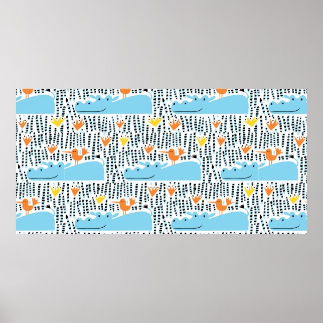 Hippos und Vögel im See nahtlos Muster vint Poster (Vorne)