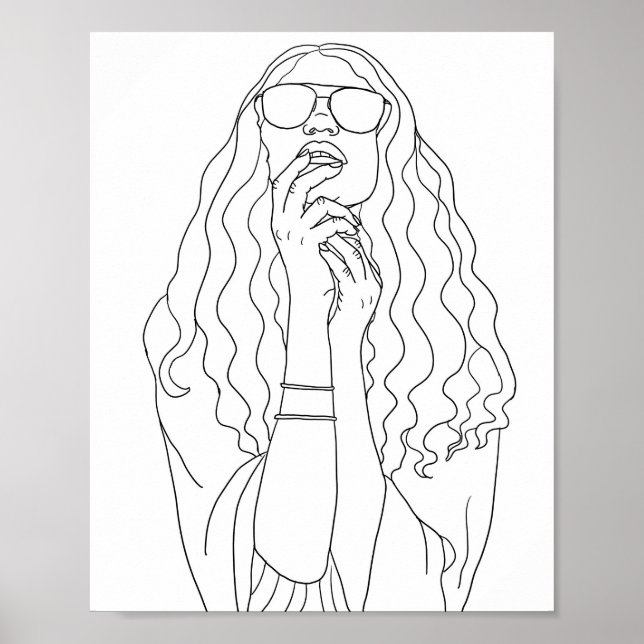 Hippy Chick Womans Portrait Line Art Färbung Seite Poster (Vorne)