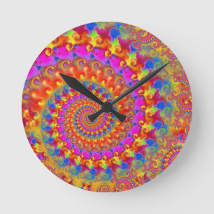 Hippy Fraktal-Muster-Rosa-Türkis u. Gelb Runde Wanduhr