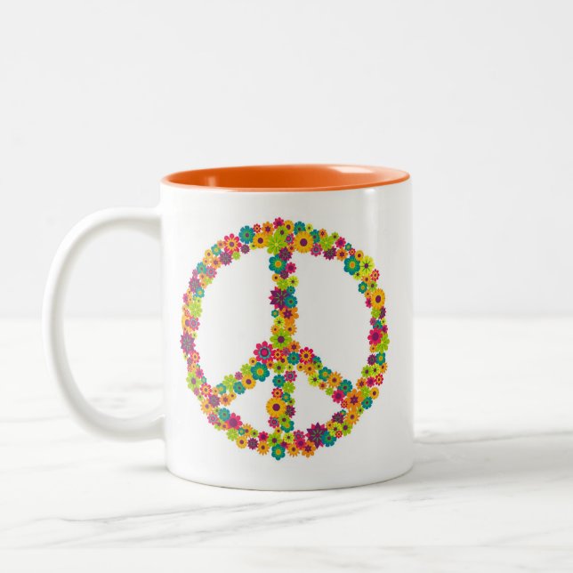Hippy Friedenszeichen-Blumen Zweifarbige Tasse (Links)