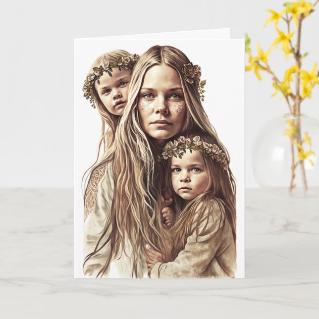 Hippy Mother & Twin Daughters, Mütter Day Card Karte (Gelbe Blume)