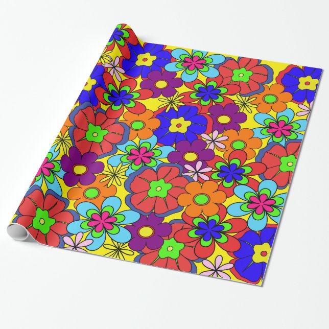 Hippy Retro Blumen Geschenkpapier (Ungerollt)