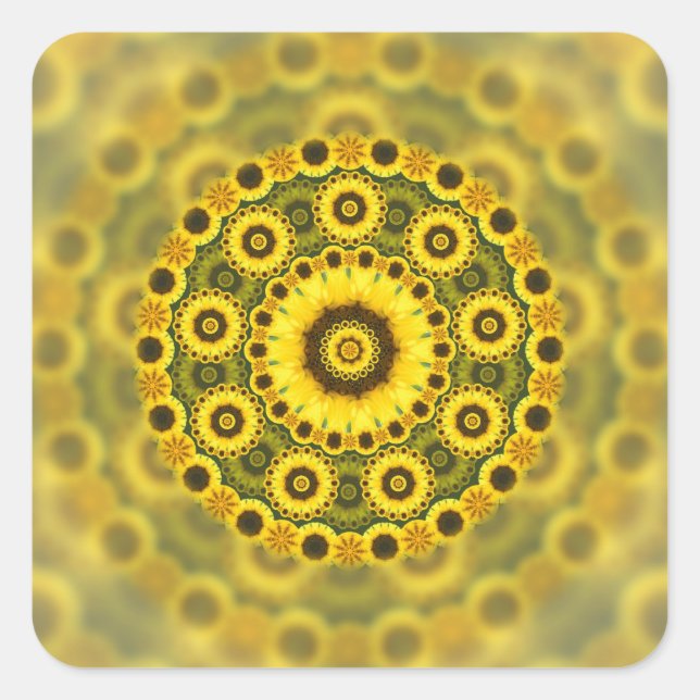 Hippy Sunflower Fraktal Mandala Pattern Quadratischer Aufkleber (Vorderseite)