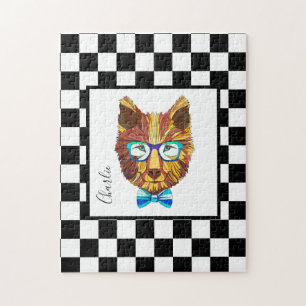 Hipster Bear auf B&W Checkerboard, personalisiert Puzzle