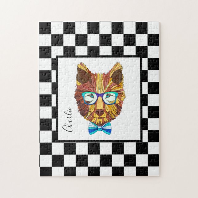 Hipster Bear auf B&W Checkerboard, personalisiert Puzzle (Vertikal)
