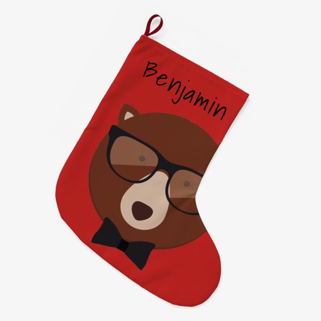 Hipster Bear Personalisiert Großer Weihnachtsstrumpf (Vorderansicht (hängend))