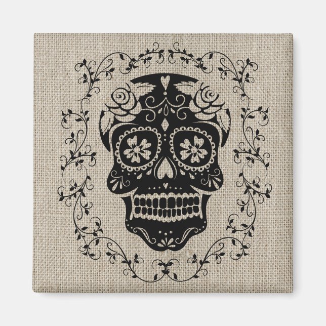 Hipster Black Sugar Skull Burlap Magnet (Vorne)