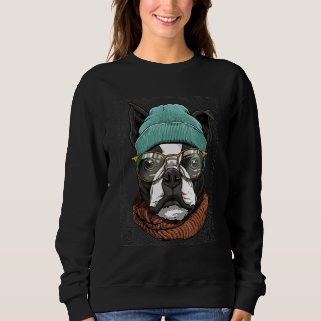Hipster Boston Terrier Animal Wearing Sunglasses D Sweatshirt (Vorderseite)