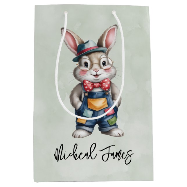 Hipster Bunny Boy Baby Shower Mittlere Geschenktüte (Vorderseite)