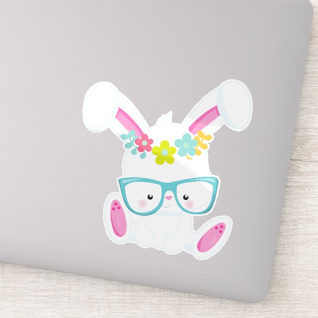 Hipster Bunny, sonnig mit Brille, Kaninchen, Blume Aufkleber (Detail)