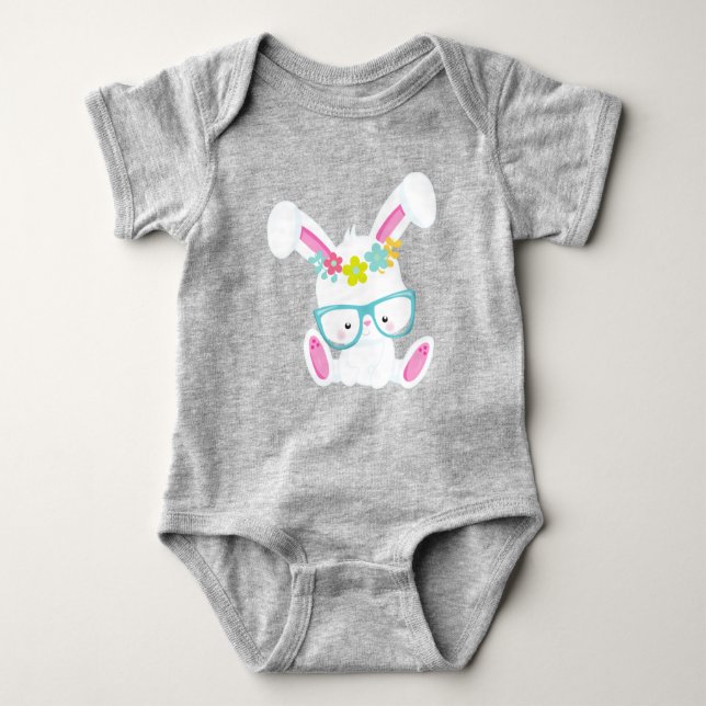 Hipster Bunny, sonnig mit Brille, Kaninchen, Blume Baby Strampler (Vorderseite)