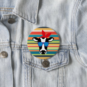 Hipster Cow on Stripes Button