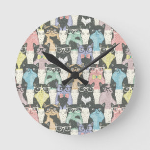 Hipster Cute Cats Pattern Runde Wanduhr