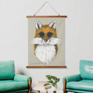 Hipster Fox in Sonnenbrille Illustration Wandteppich Mit Holzrahmen