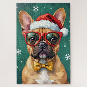 Hipster Französische Bulldogge Santa Brille Modern Puzzle
