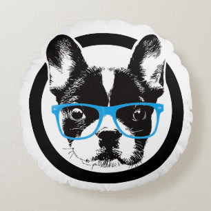Hipster-französische Bulldoggen-Nerdy Hund Rundes Kissen