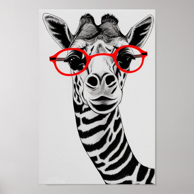 Hipster Giraffe in Roter Brille Giraffe Zeichnend  Poster (Vorne)