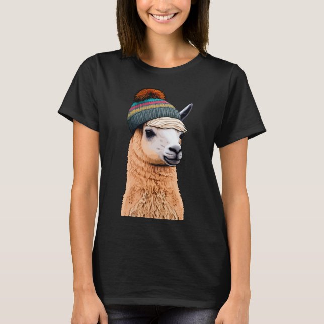Hipster Llama in Beanie Spaß Pop T-Shirt (Vorderseite)