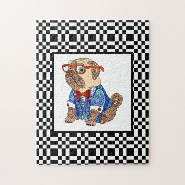 Hipster Mops auf der B&W Checkerboard-Karte Puzzle (Vertikal)