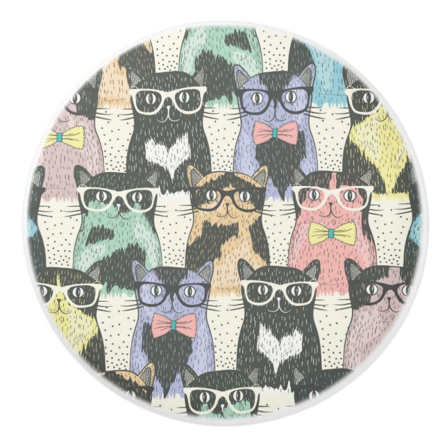 Hipster-niedliches Katzen-Muster Keramikknauf (Vorderseite)