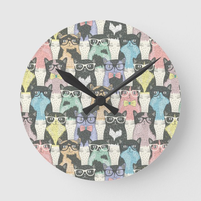 Hipster-niedliches Katzen-Muster Runde Wanduhr (Vorderseite)