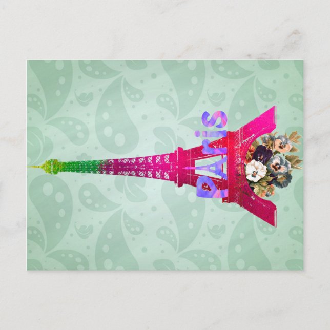 Hipster Paisley Neon Französisch Paris Eiffel Towe Postkarte (Vorderseite)