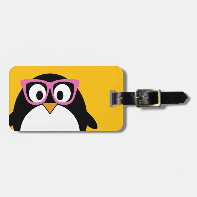 Hipster Penguin - Niedlicher Cartoon Gelb Rosa Gepäckanhänger (Vorderseite horizontal)
