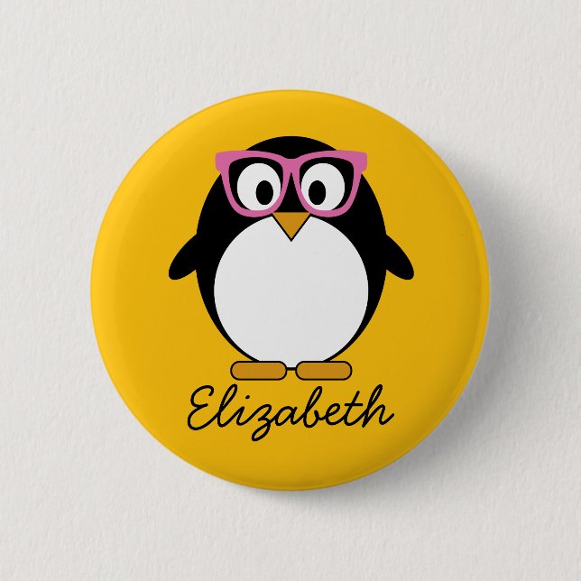 Hipster Pinguin - Niedlicher Cartoon Gelb Rosa Button (Vorderseite)