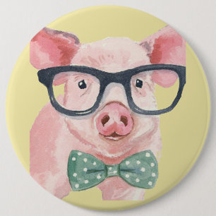 Hipster Pink Pig Button