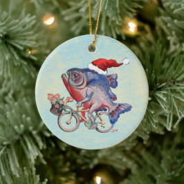 Hipster Piranha auf einer Weihnachtsmannmütze für Keramik Ornament
