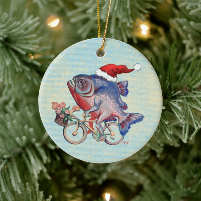 Hipster Piranha auf einer Weihnachtsmannmütze für  Keramik Ornament (Baum)