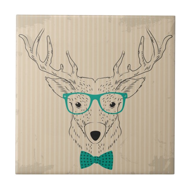 Hipster Reindeer Elk mit Gläsern grungelig Weihnac Fliese (Vorderseite)
