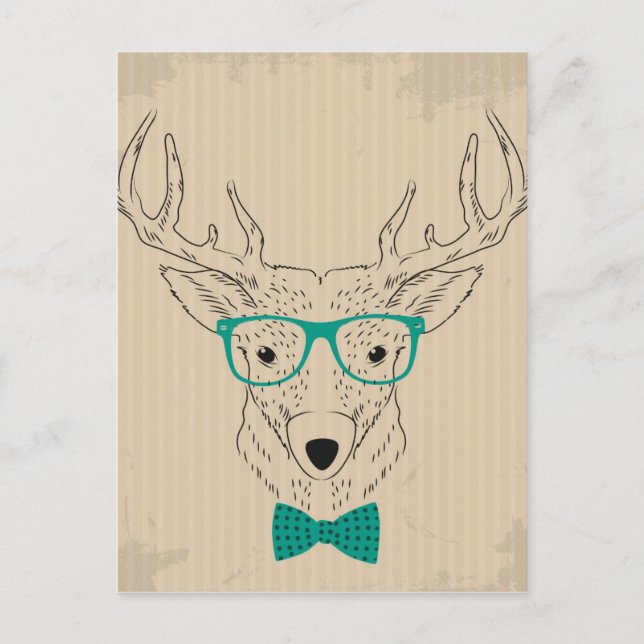 Hipster Reindeer Elk mit Gläsern grungelig Weihnac Postkarte (Vorderseite)