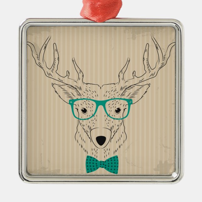 Hipster Reindeer Elk mit Gläsern grungelig Weihnac Silbernes Ornament (Vorne)