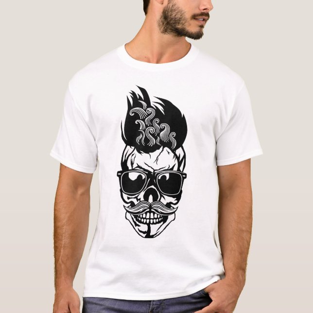 Hipster Skull Crane Schnurrbart T-Shirt (Vorderseite)
