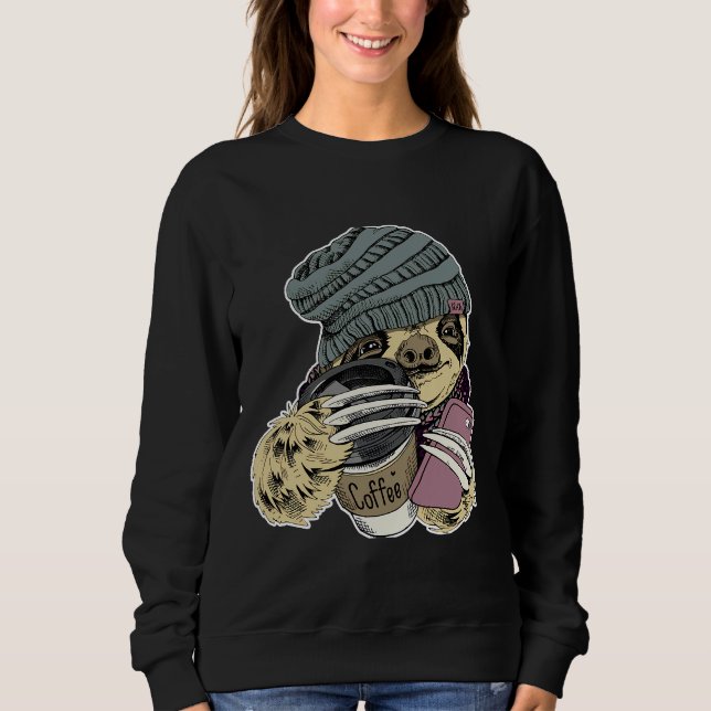 Hipster Sloth mit Beanie-Hat-Kaffee Sweatshirt (Vorderseite)