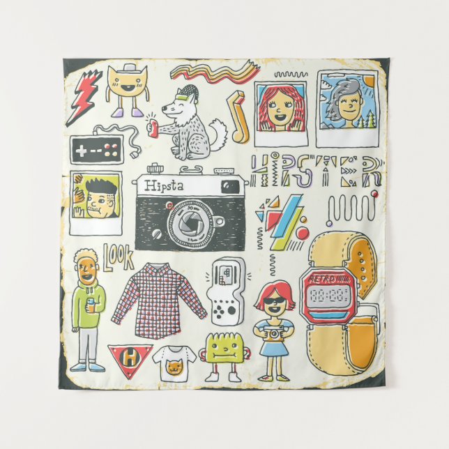 Hipster-Wange: handgezeichnet Doodle-Set Wandteppich (Vorderseite)