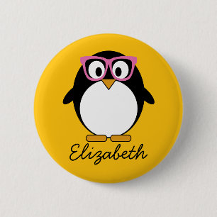 HipsterPenguin - niedliches Cartoon-Gelb-Rosa Button